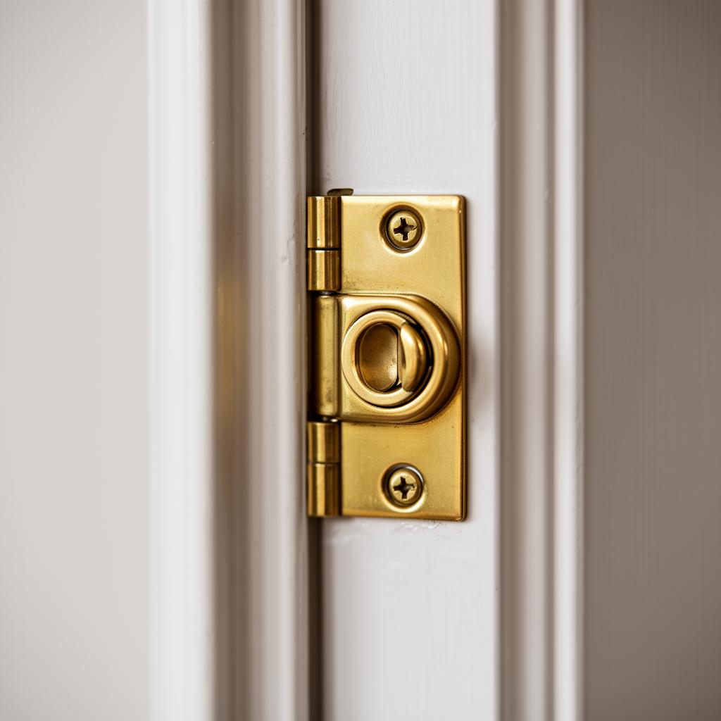 Macro of a perfectly fitted brass door latch on a clean painted frame